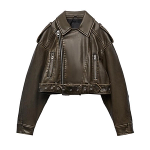 Short faux leather moto jacket in vintage dark olive green with lapel and belt