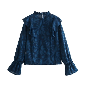 Navy blue stand collar blouse with layered ruffles and textured floral jacquard fabric