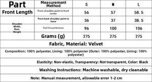 Tableau des tailles pour gilet en velours noir avec mesures S M L et conseils d'entretien