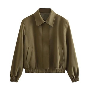 Short olive green utility jacket for women with lapel collar and casual pilot silhouette