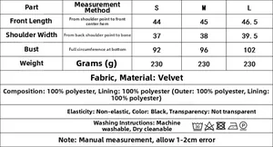 Detailed size chart for the black velvet sequin embroidery vest including S, M, L dimensions