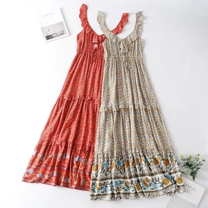 Bohemian floral maxi dress with ruffle straps and V-neck drawstring in red and beige