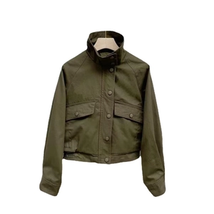 Olive green Y2K utility bomber jacket with stand collar and large front pockets