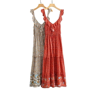 Y2K summer floral ruffle maxi dress with spaghetti straps and bohemian layered skirt