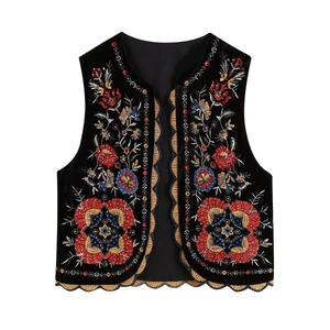Gilet en Velours Broderie Florale Ethnique Vintage pour Femmes Sans Manches Bordure Festonnée Paillettes Ouvert Bohème