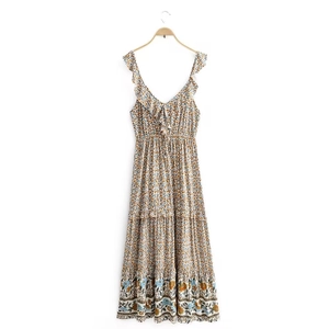 Bohemian floral maxi dress with ruffle straps and vintage print in cream and blue