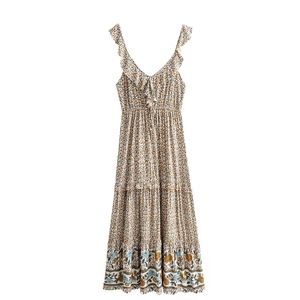 Detail of floral printed maxi dress with layered ruffle hem and delicate frill straps