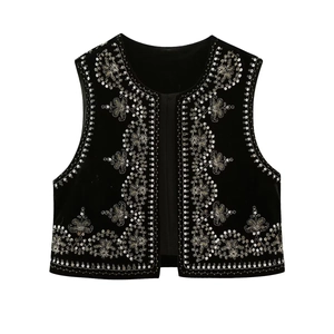 Vintage Women Velvet Sequin Embroidered Vest Open Front Sleeveless Floral Ethnic Style Short Waistcoat Top