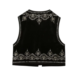 Y2K velvet vest with black sequins and embroidery on a white background view