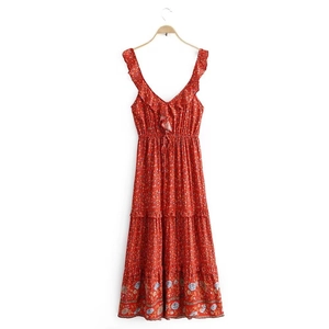 Detail of red floral maxi dress showing ruffled straps and drawstring V-neckline