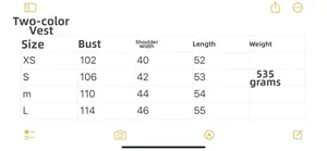 Detailed size chart for Y2K sleeveless puffer vest showing bust and length measurements