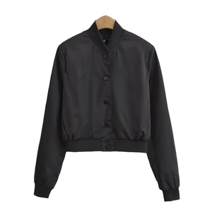 Women's Y2K short black bomber jacket with ribbed stand collar and button closure