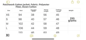 Detailed size chart for patchwork padded jacket including chest and sleeve measurements