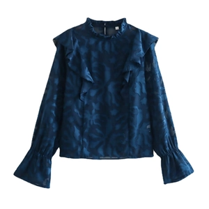 Navy blue ruffled stand collar jacquard shirt with sheer floral embossed long sleeves