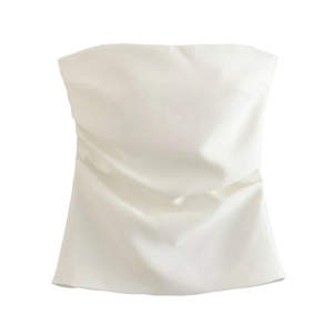 Detailed view of a white Y2K strapless tube top with a structured ruched design and clean cut