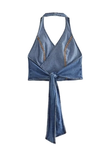Y2K vintage blue denim halter neck crop top with V-neckline and tie-up design for women