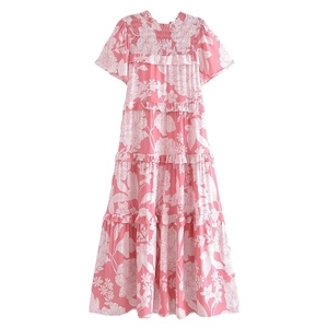 Floral print short sleeve maxi dress with smocking detail and tiered ruffle skirt