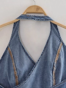 Y2K vintage blue wash denim halter top with deep V-neck and cross-front design