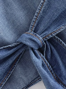 Y2K vintage washed blue denim halter top with front knot detail and orange stitching