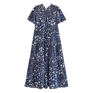 Robe Femme Décontractée Bleu Marine Floral Viscose Manches Courtes Smocké à Étages Volants Boho Maxi