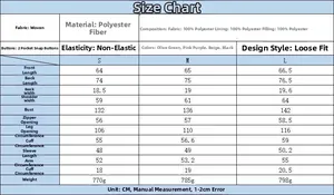 Detailed size chart for Y2K loose flight jacket with measurements in centimeters