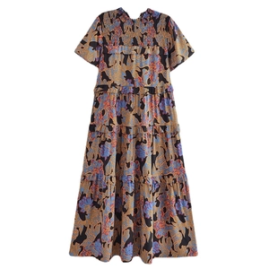 Bohemian floral print layered maxi dress with elastic smocked bodice and short sleeves