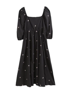 Vintage French Black Floral Embroidery Midi Dress Square Neck Puff Sleeve High Waist A-Line Dress For Women Y2K Streetwear