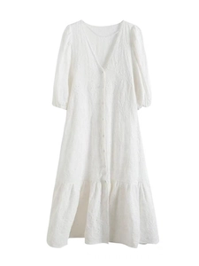 Robe Midi Femme Col en V Broderie Ajourée Avec Volants Manches Bouffantes Courtes Blanc Été Décontracté Simple Boutonnage Plage Robe Longue