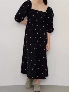 French vintage black midi dress with floral embroidery, square neck and puff sleeves