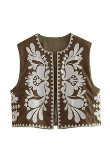 Women Ethnic Floral Embroidered Vest Vintage Brown Sleeveless Open Front Short Bohemian Outerwear Waistcoat Top