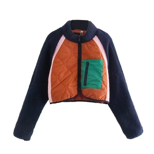 Y2K color block cropped jacket with orange quilting and navy fleece patchwork design