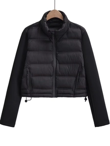 Women Casual Spliced Padded Jacket Stand Collar Quilted Puffer Jacket Cropped Zipper Coat With Adjustable Hem
