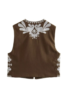 Vintage brown vest with white floral embroidery on the back, retro sleeveless jacket