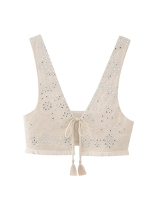 Women's Bohemian Sequin Embroidery Tassel Vest Vintage Ethnic Beige V Neck Tie Up Sleeveless Fringe Short Crop Top