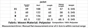 Detailed size chart for Y2K oversized embroidered jacket with tassel trim measurements