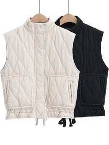 Women's Quilted Padded Vest Stand-up Collar Sleeveless Jacket Streetwear Casual Cotton Waistcoat With Pockets Drawstring Hem
