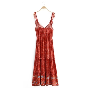 Y2K red floral maxi dress with ruffle straps and bohemian tiered hem design