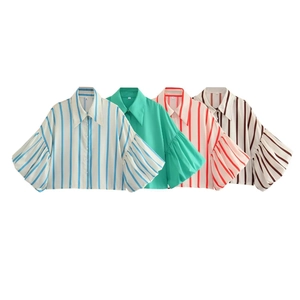 Detail of striped and solid puff sleeve shirts featuring oversized pointed collars