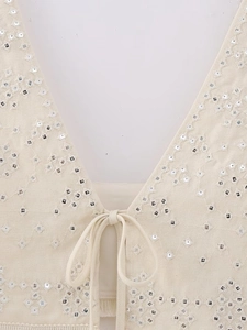 Y2K ethnic style crop vest with sequin embroidery and tassel tie in cream fabric