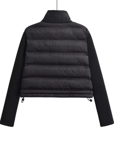 Back view of a black quilted jacket with a stand collar and adjustable drawstring hem