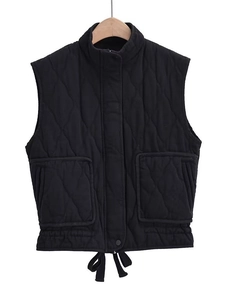Women's black quilted puffer vest with stand collar and adjustable drawstring hem