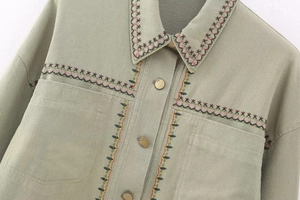 Detailed embroidery on light green jacket with geometric patterns and gold buttons