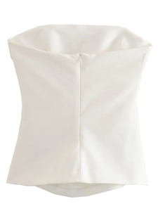 White Y2K strapless tube top featuring a ruched design and slim fit back zipper closure