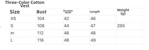 Detailed size chart for Y2K women crop puffer vest featuring XS to L measurements