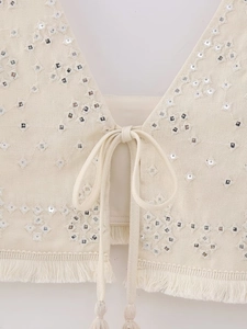 Y2K ethnic embroidered crop vest with tassels and mirror sequins in cream white