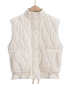 Y2K beige quilted vest with stand collar, gourd pattern stitching, and adjustable hem drawstrings