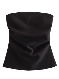Elegant black satin tube top with pleated design and smooth glossy finish for summer