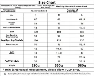 Detailed size chart for women's casual black Y2K bomber jacket with 100% polyester specs
