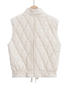 Chic Y2K sleeveless puffer vest in beige with quilted design and drawstring hem, back view