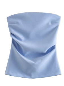 Y2K light blue off-shoulder crop top with elegant pleated design and satin finish